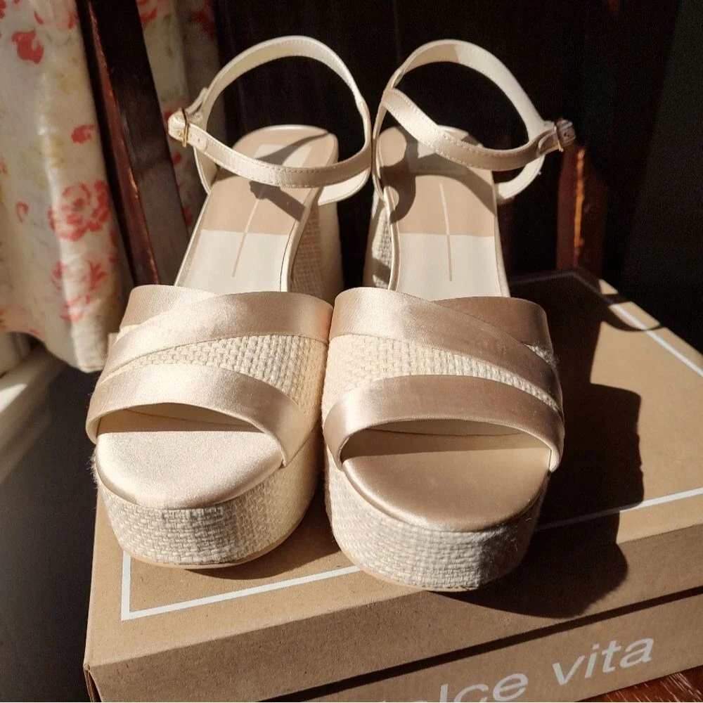 Dolce Vita Bailey Cream Satin Platform Sandals Raffia Block Heel Ankle Strap10